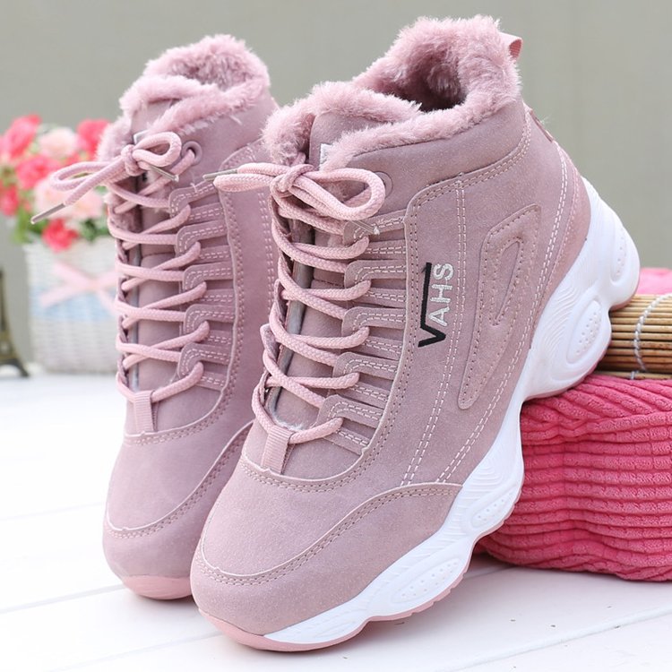 Rosa Damen-Winterschuhe mit Fellfutter, hohe Sneaker, rutschfeste Sohle, modisch und warm.