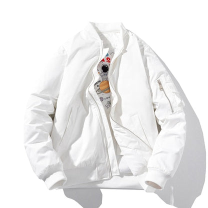 Weiße Bomberjacke, Reißverschluss, Baumwolle, lässig, Herrenmode, Streetwear, modisch.