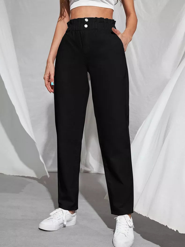 Damenhose schwarz, hohe Taille, elastischer Bund, lässig, Baumwolle, modisch, bequem.