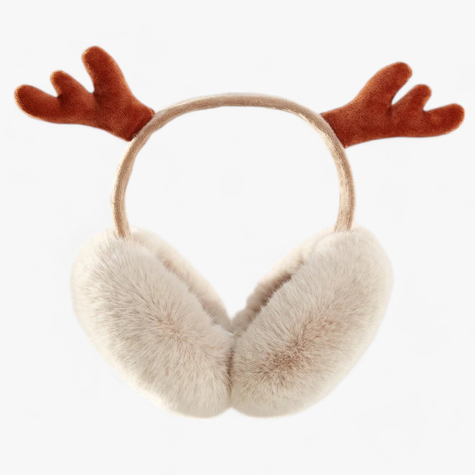 Plüsch-Ohrenschützer mit Rentiergeweih, beige, Winteraccessoire, warm, modisch.