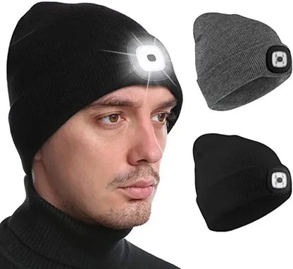 Schwarze LED-Mütze mit Stirnlampe, Unisex, ideal für Outdoor-Aktivitäten, wiederaufladbar.