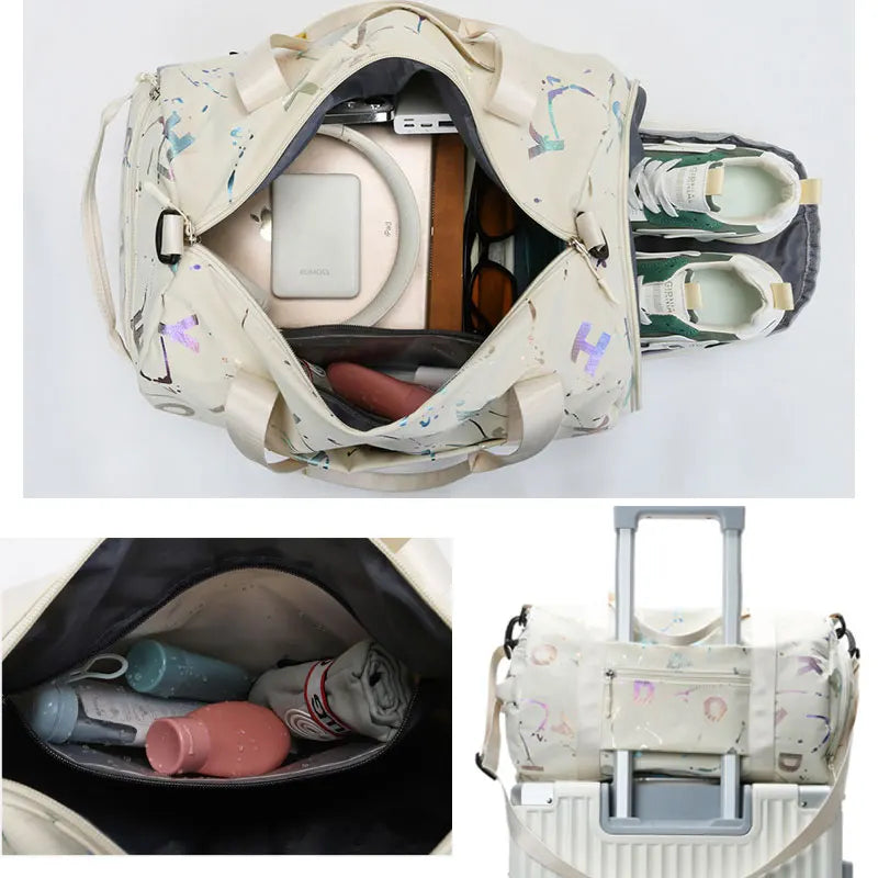 Reisetasche mit Schuhfach, beige, multifunktional, ideal für Reisen, Sport, Fitnessstudio.