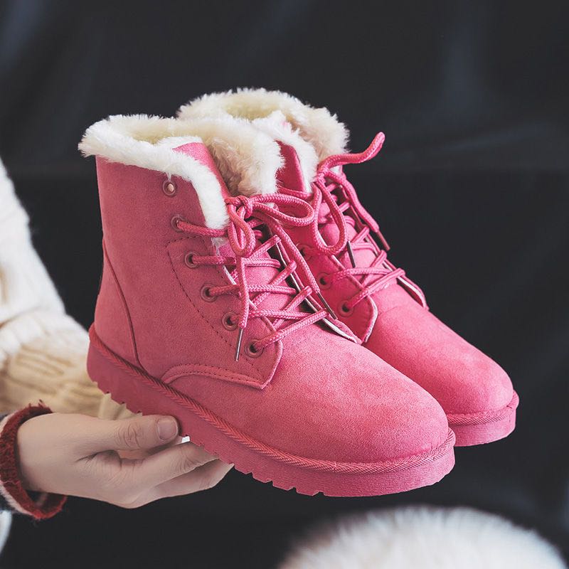 Rosa Damen-Winterstiefel mit Kunstfellfutter, Schnürung, rutschfeste Sohle, warm und bequem.