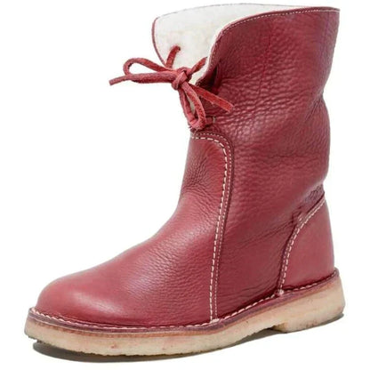 Roter Lederstiefel mit Schnürung, gefüttert, rutschfeste Sohle, Winterstiefel für Damen.