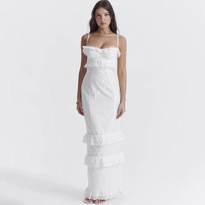 Stilren broderad camisole-maxiklänning i vitt – Alina