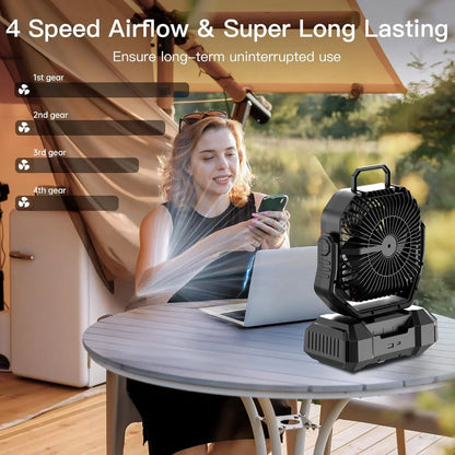 Uppladdningsbar campingfläkt med 40 000 mAh-batteri och LED-lampa – F22