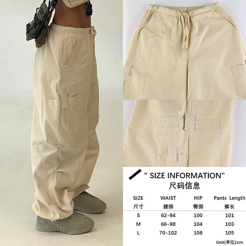Beige Cargo-Hose Damen, Baumwolle, Taschen, lässig, modisch, Größeninformation, Streetwear