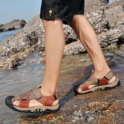 Khakifärgade herrsandaler i läder i romersk stil för sommar och fritid – Cassian