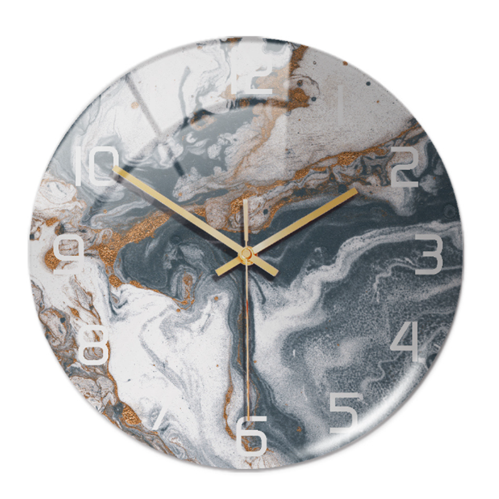 Runde Wanduhr mit Marmor-Design, goldene Zeiger, moderne Dekoration, Wohnzimmer-Uhr.