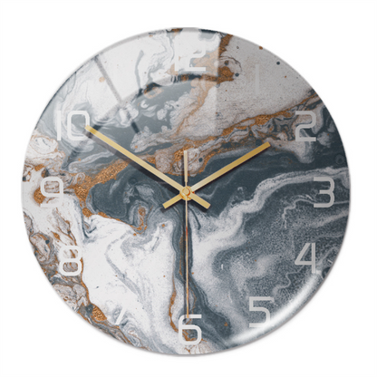 Runde Wanduhr mit Marmor-Design, goldene Zeiger, moderne Dekoration, Wohnzimmer-Uhr.