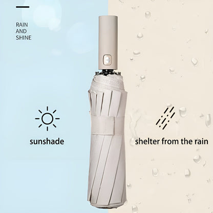Beiger automatischer Regenschirm, kompakt, winddicht, UV-Schutz, für Regen und Sonne.