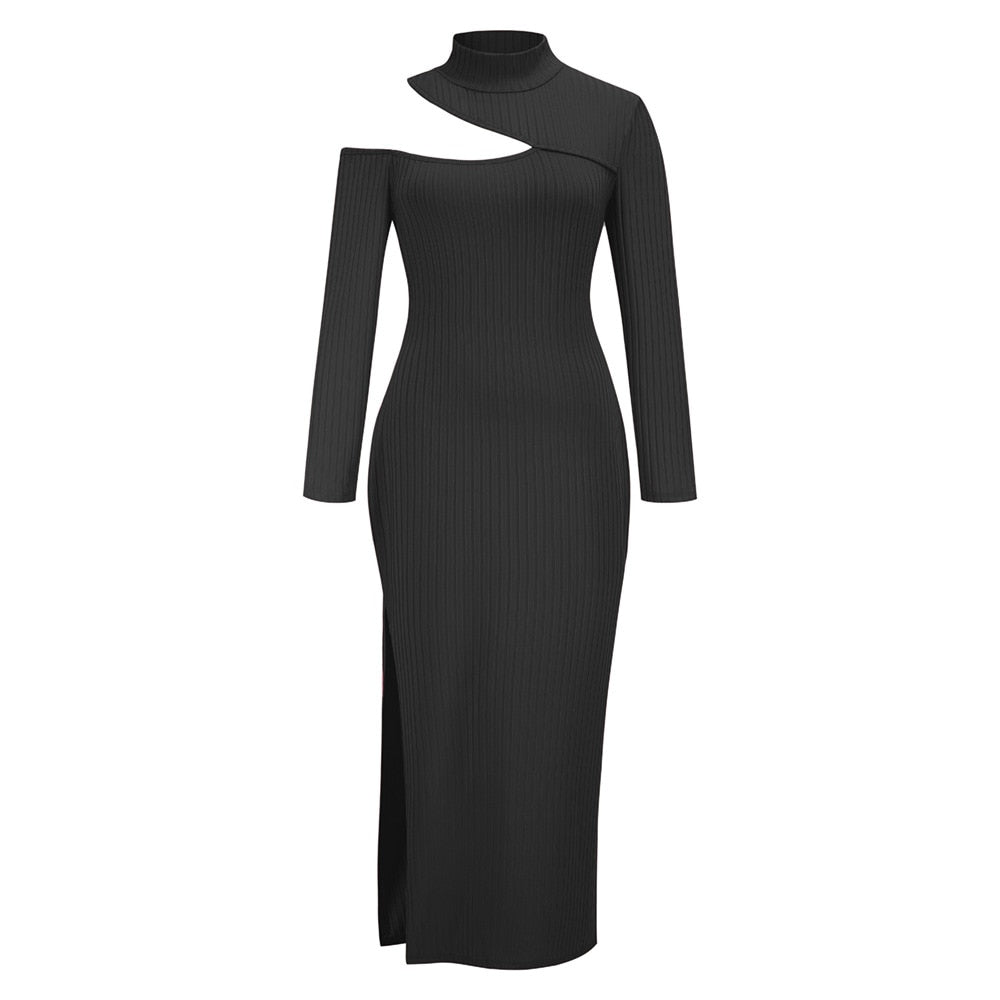 Schwarzes, langärmeliges, asymmetrisches Kleid mit Schlitz, elegantes Design, Damenmode.