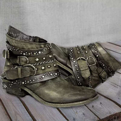 Damen Stiefeletten, braun, Leder, Nieten, Ketten, Schnallen, Vintage-Look, modisch, robust.
