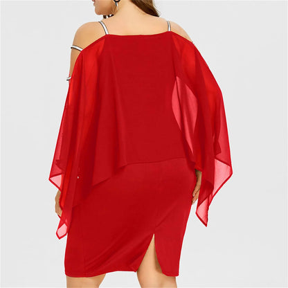 Rotes Damenkleid mit transparenten Ärmeln, knielang, elegantes Design, Abendmode.
