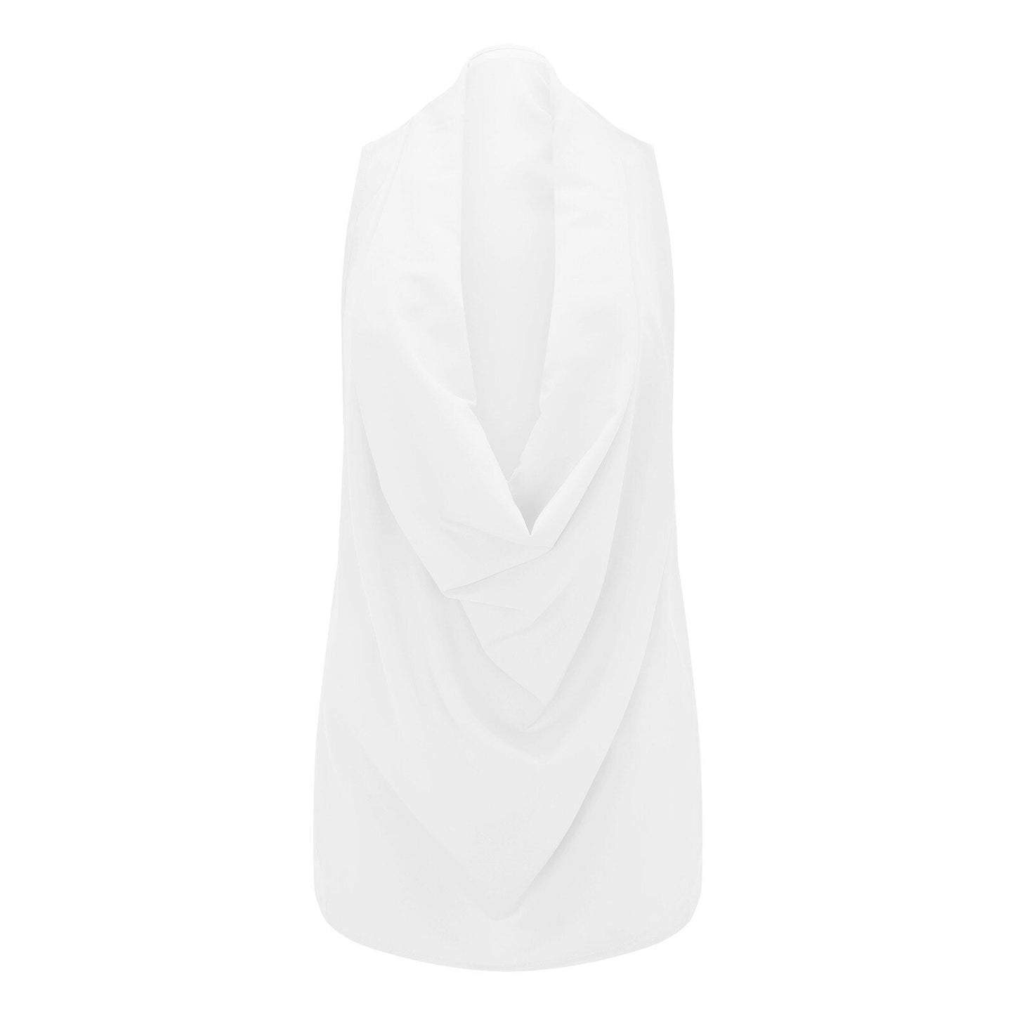Weiße ärmellose Bluse, Wasserfallausschnitt, Damenmode, elegant, Sommerkleidung, Baumwolle.
