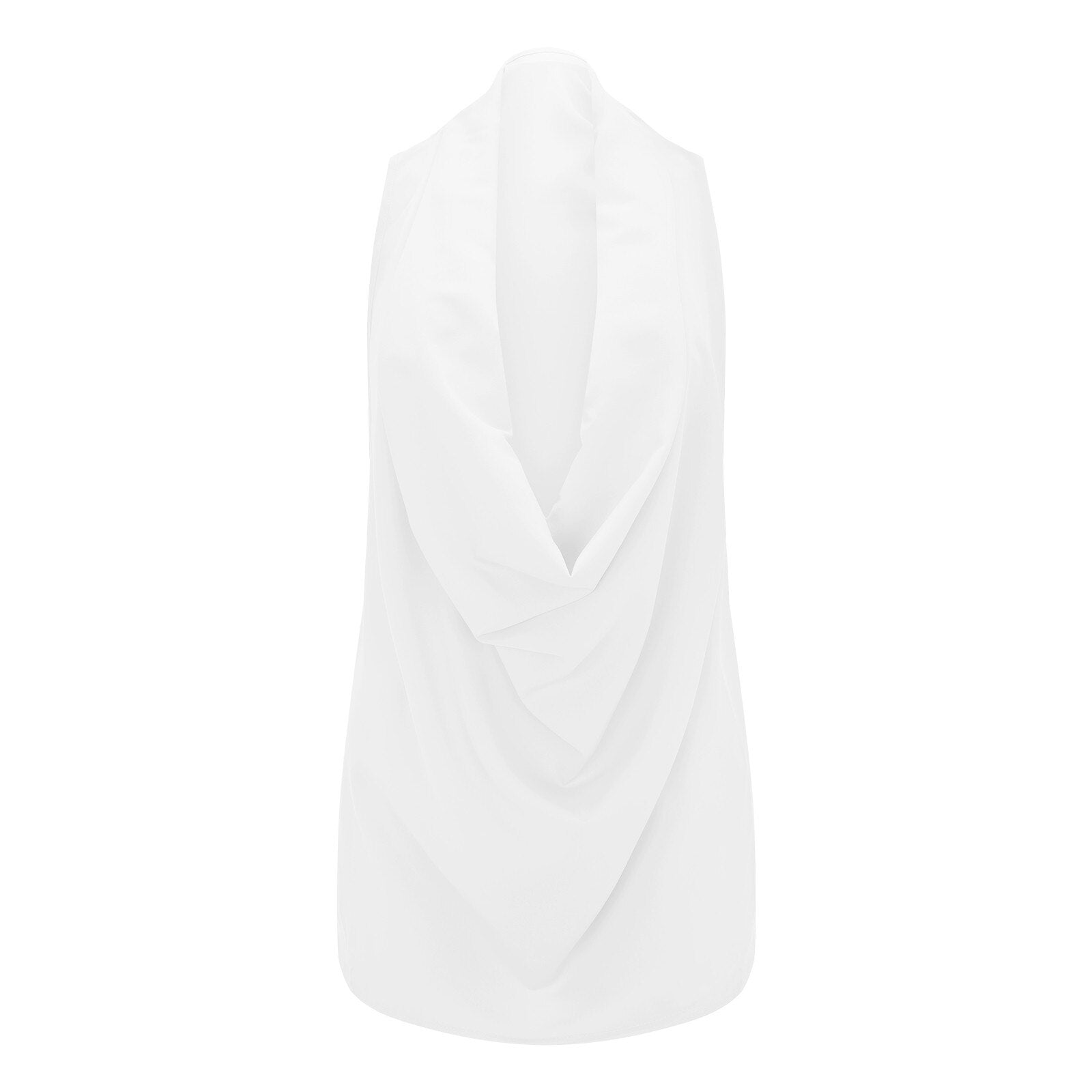 Weiße ärmellose Bluse, Wasserfallausschnitt, Damenmode, elegant, Sommerkleidung, Baumwolle.