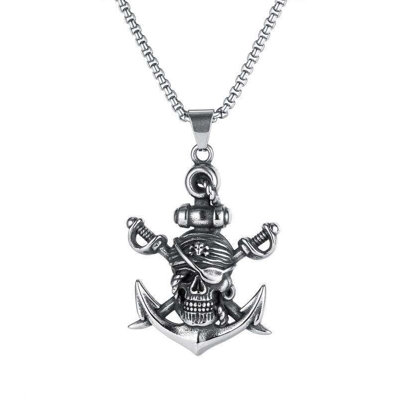 Silberne Piraten-Schädel-Anker-Halskette, Edelstahl, Herren-Schmuck, maritimes Design.