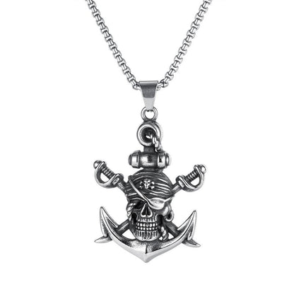 Silberne Piraten-Schädel-Anker-Halskette, Edelstahl, Herren-Schmuck, maritimes Design.