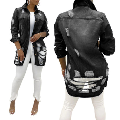 Damen-Jeansjacke schwarz, zerrissen, modisch, lang, Freizeitkleidung, Streetwear.