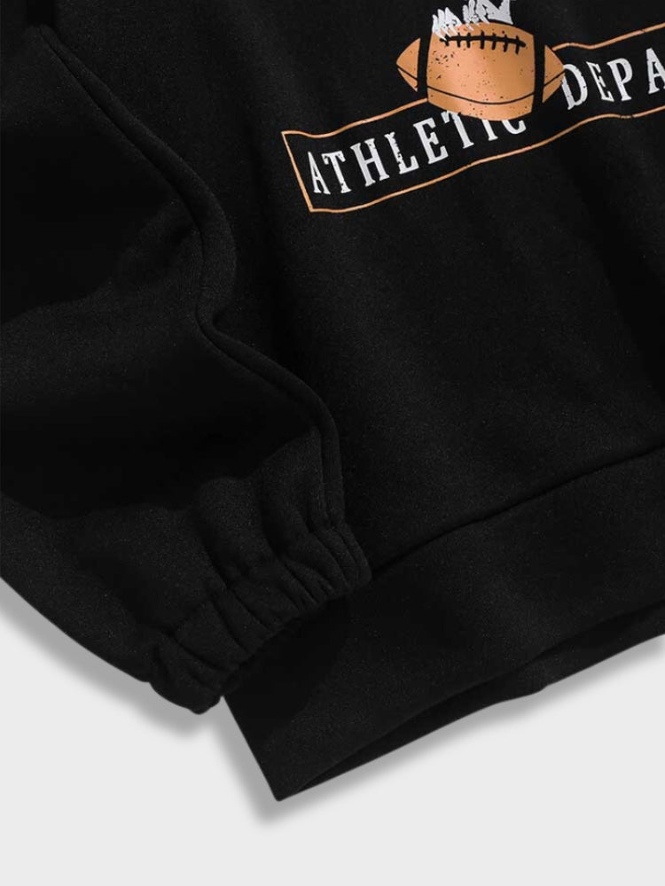 Schwarzer Pullover mit Football-Design, "Athletic Department" Aufdruck, Baumwolle, Unisex.