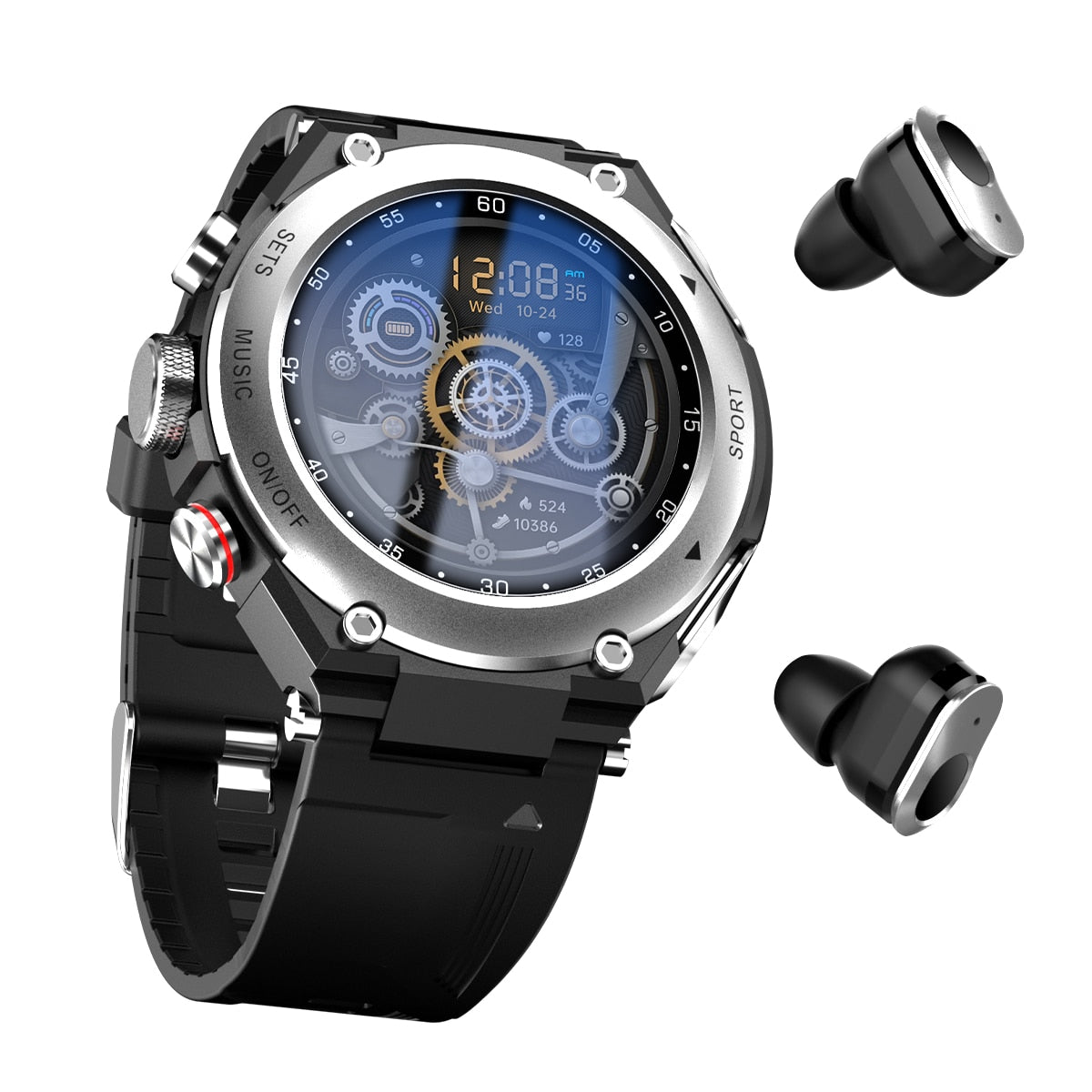Schwarze Smartwatch mit Zahnrädern und kabellosen Ohrhörern, Edelstahlgehäuse, Sportuhr.