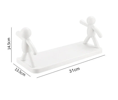 Weiße Kunststoff-Handyhalterung mit Figuren, 31x13,5x14,5 cm, minimalistisches Design.