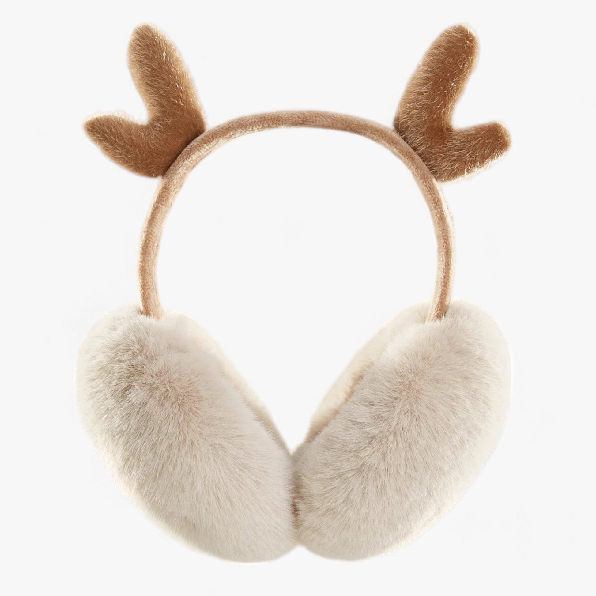 Braune Plüsch-Ohrenschützer mit Rentiergeweih, Winteraccessoire, warm und modisch.