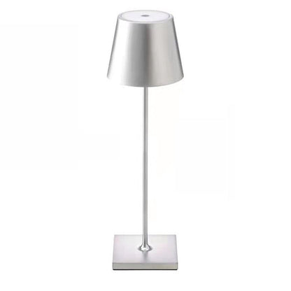 Silberne LED-Tischlampe, modernes Design, Metall, energiesparend, für Wohnzimmer oder Büro.