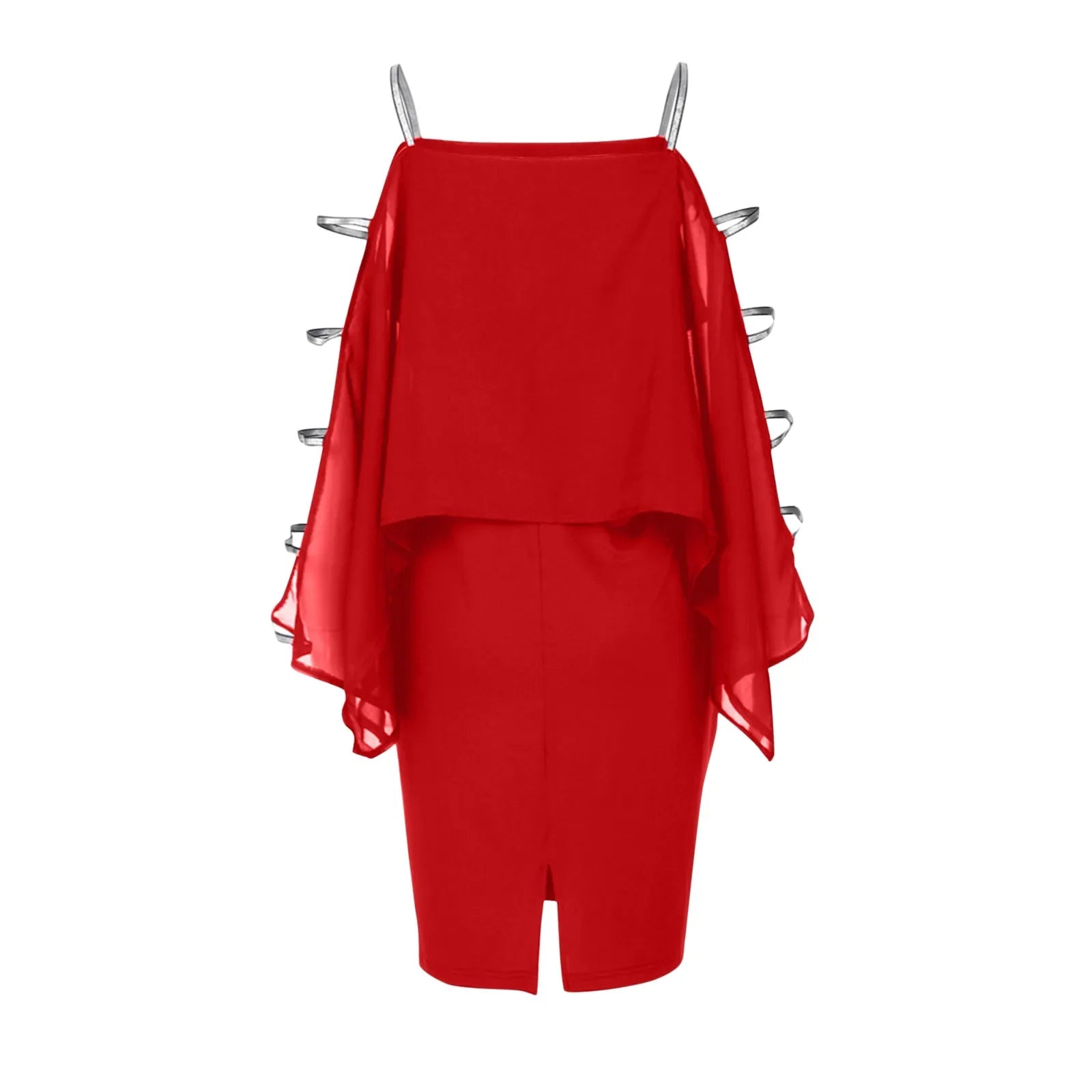 Rotes Damenkleid mit asymmetrischem Chiffon-Overlay und Metallakzenten, elegantes Design.