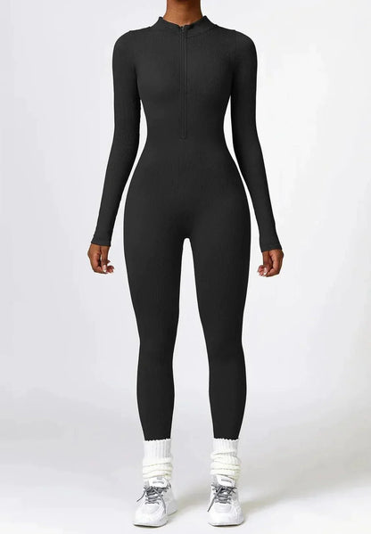 Schwarzer Damen-Jumpsuit, langärmelig, Reißverschluss, figurbetont, modisch, bequem.