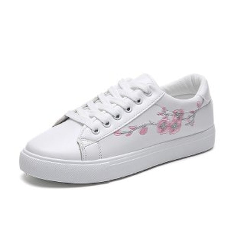 Weiße Damen-Sneaker mit rosa Blumenstickerei, Freizeitschuh, modisch, bequem.