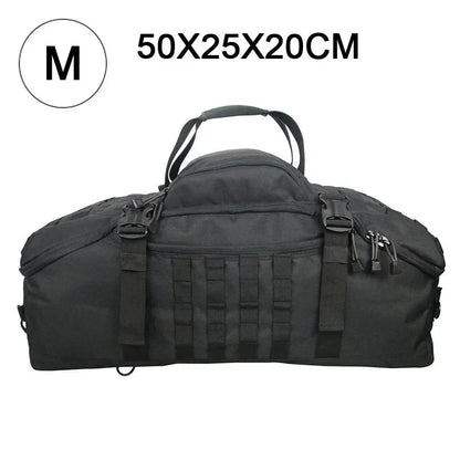 Schwarze taktische Reisetasche, 50x25x20cm, robustes Material, ideal für Outdoor-Aktivitäten.