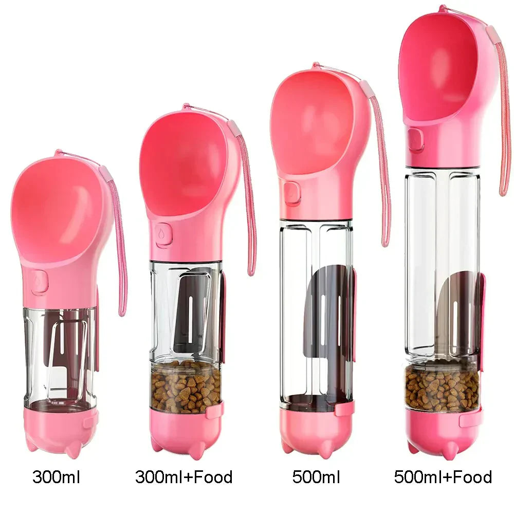 Rosa tragbare Hundewasserflasche mit Futterbehälter, 300ml und 500ml Optionen.