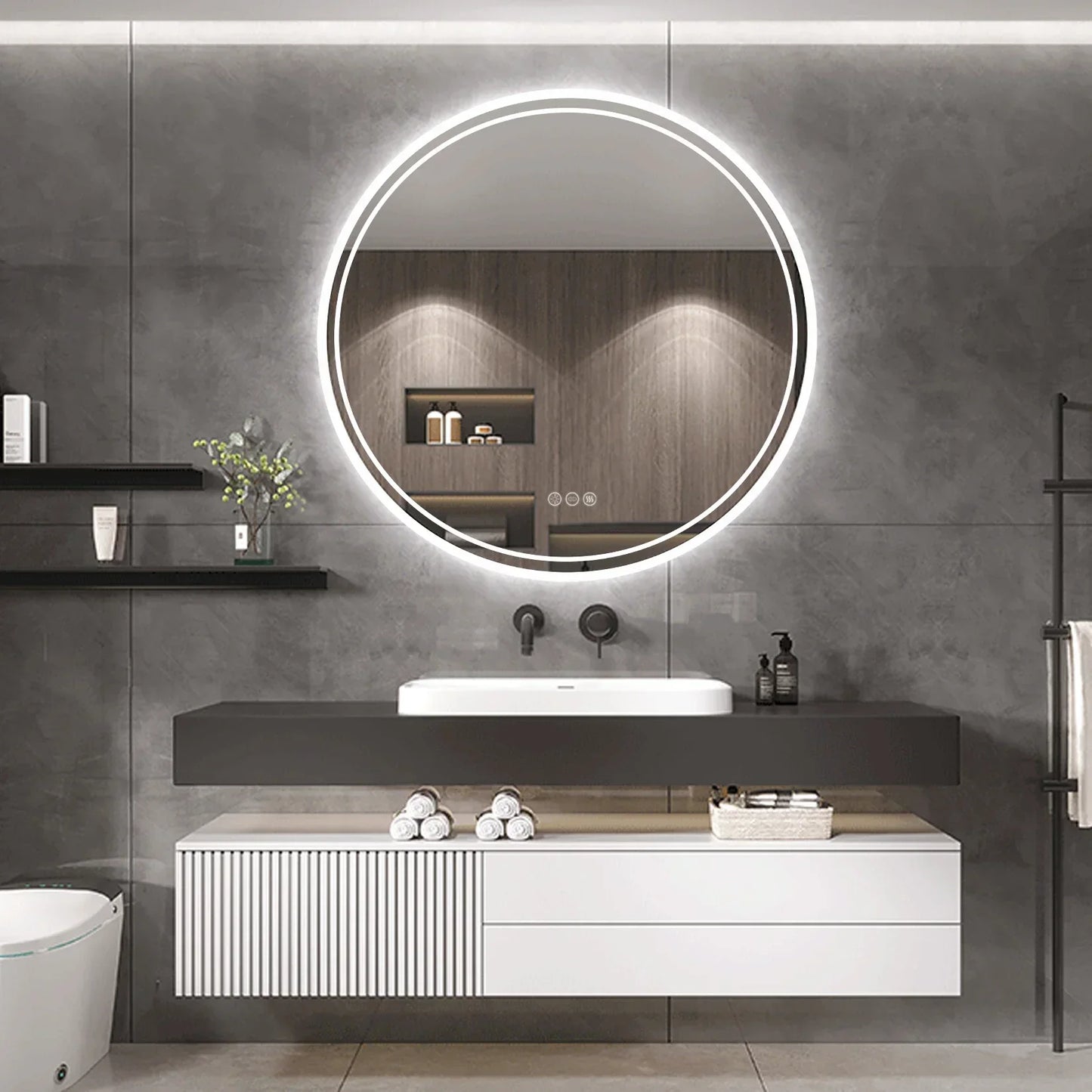 Runder LED-Badezimmerspiegel, beleuchtet, modernes Design, über Waschbecken, graue Wand.