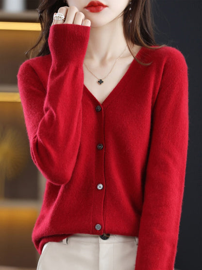 Damen roter Strickcardigan, V-Ausschnitt, Knopfleiste, weiches Material, modisch, elegant.