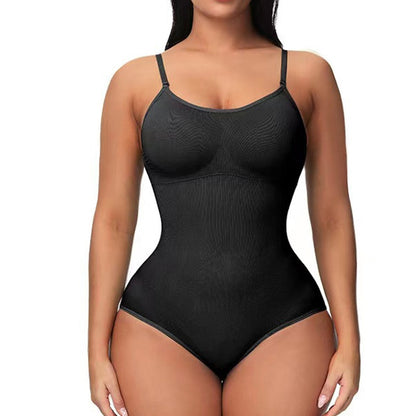 Schwarzer Damen-Body Shapewear, nahtlos, figurformend, verstellbare Träger, elastisch.