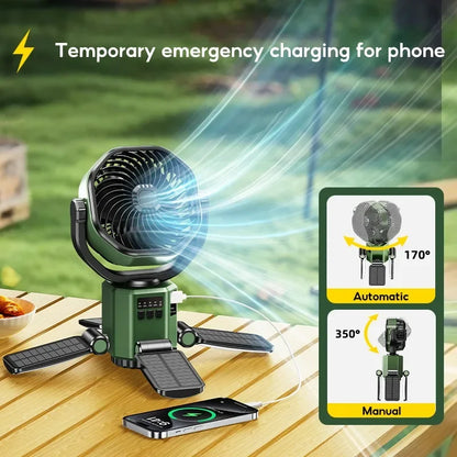 Solcellsdriven campingfläkt med 6000 mAh-batteri, LED-lampa och 4 hastighetsinställningar – SunBreeze