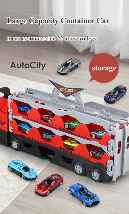 Großer roter Spielzeug-LKW mit 22 kleinen Metallautos, Autotransporter, Kinderfahrzeug.