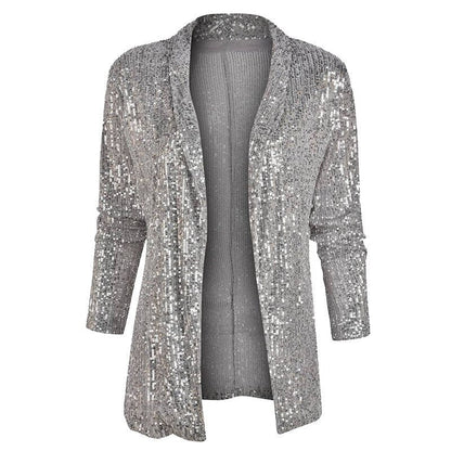 Silberne Paillettenjacke, langärmelig, glänzend, festlich, Damenmode, elegant, Party-Outfit