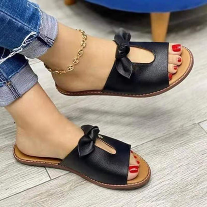 Schwarze Ledersandalen mit Schleife, Damen, modisch, bequem, Sommerschuhe, flach.
