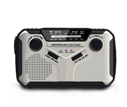 Tragbares AM/FM-Wetterradio, silber-schwarz, Notfallradio mit LED-Licht und Solarladung.