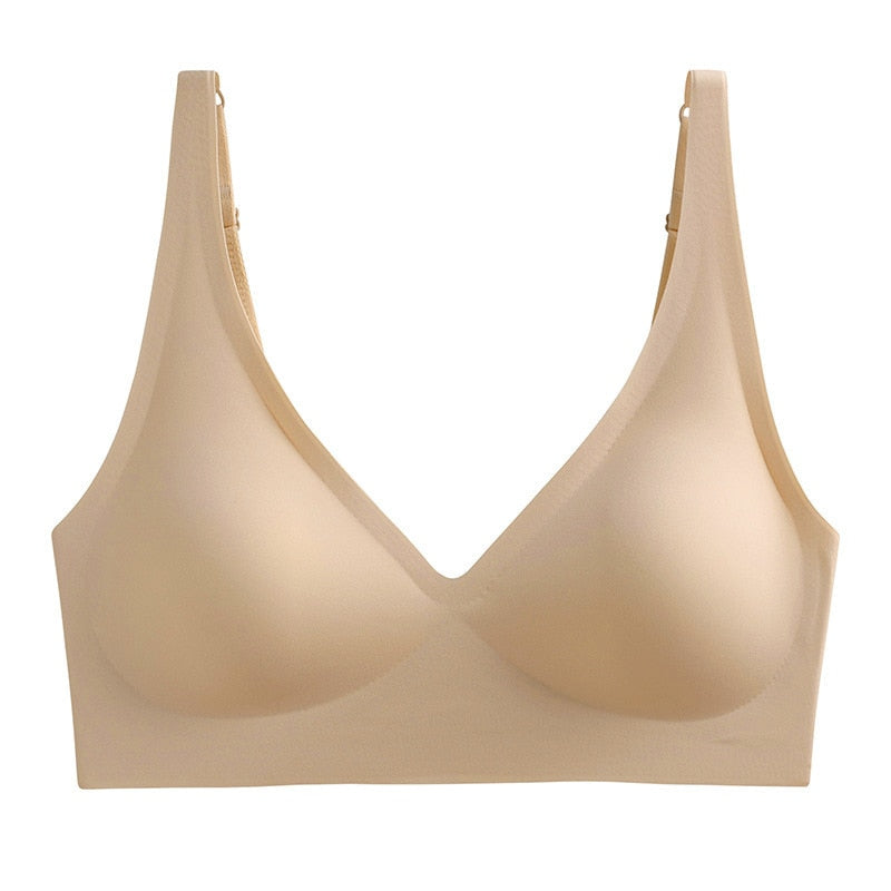 Beiger nahtloser Damen-BH, V-Ausschnitt, bequem, elastisch, Alltagsunterwäsche.