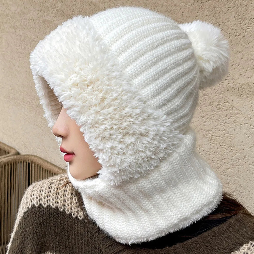 Damen Wintermütze mit Schal, weiß, Strick, warm, modisch, mit Bommel, für kalte Tage.