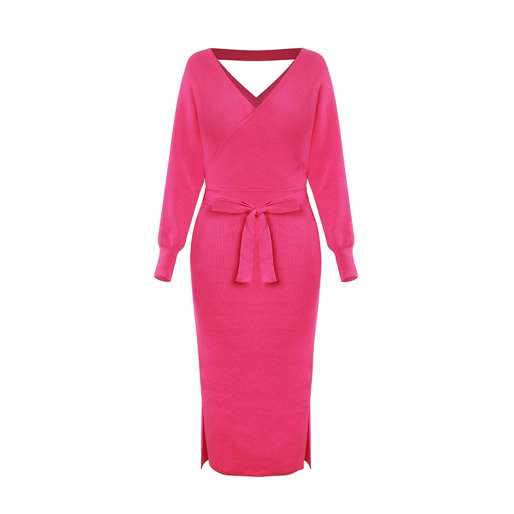 Rosa Strickkleid mit V-Ausschnitt und Gürtel, langärmelig, elegantes Damenmode-Outfit