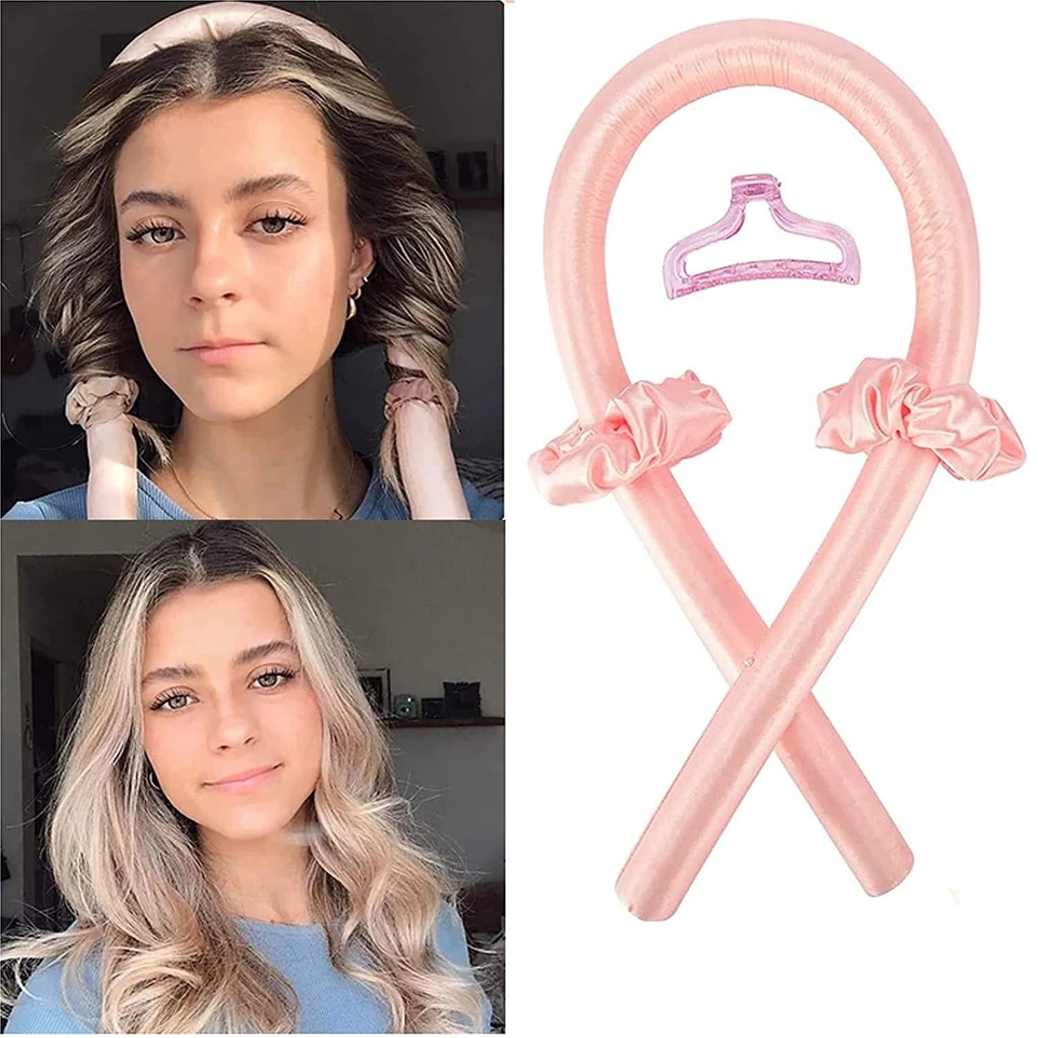 Rosa Seiden-Lockenwickler Set für hitzefreies Haarstyling, inklusive Haarklammer und Scrunchies.