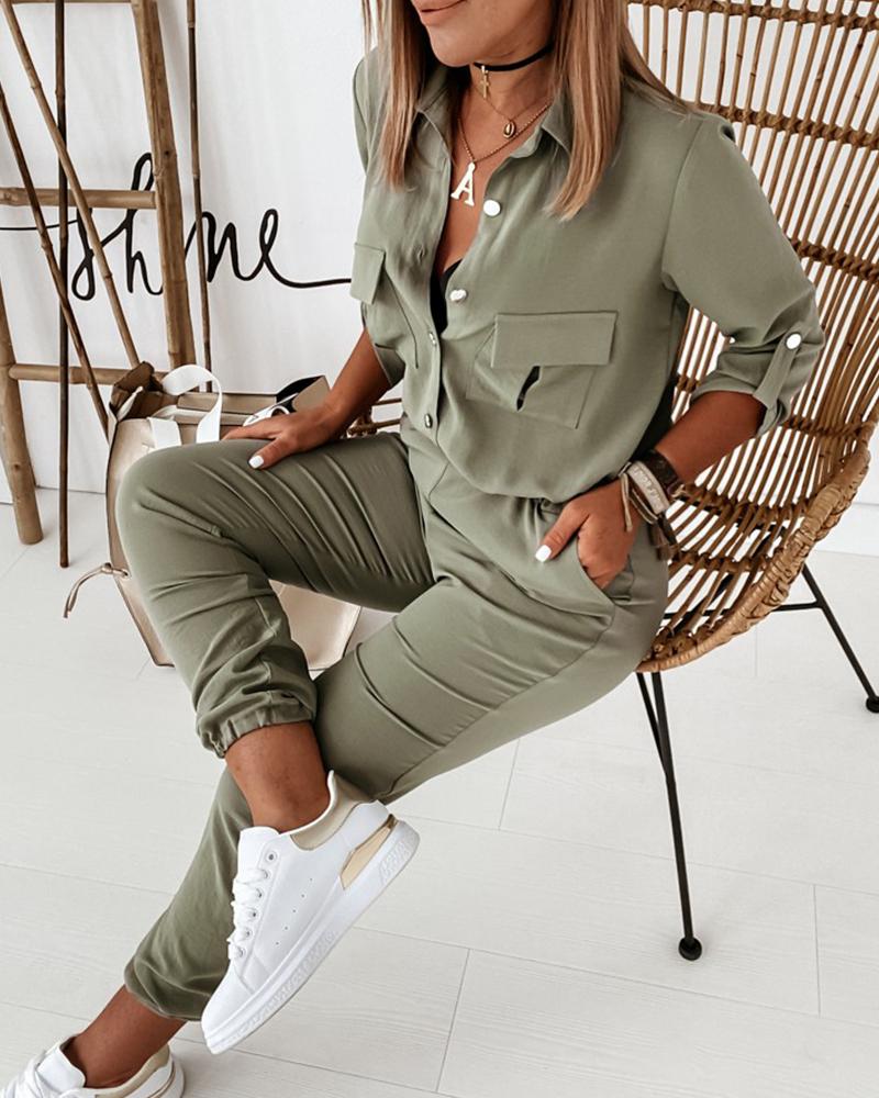 Grüner Damen-Jumpsuit, langärmelig, mit Taschen, lässig, aus Baumwolle, modisch.