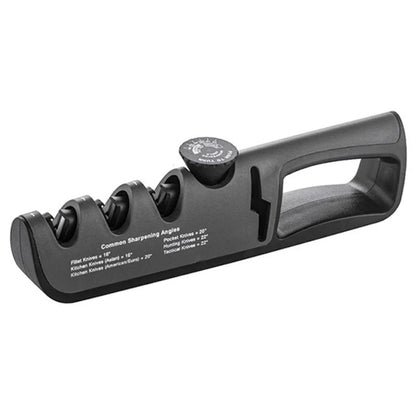 Schwarzer Messerschärfer mit drei Schleifstufen, ergonomisch, für Küchen- und Taschenmesser.