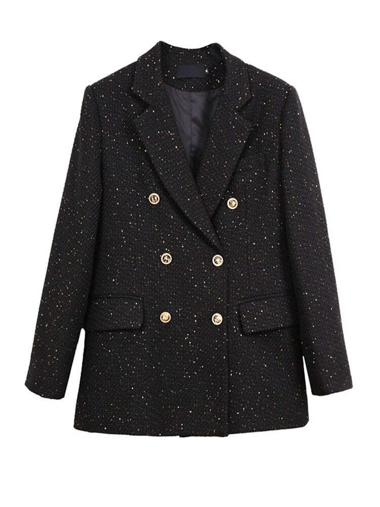 Schwarzer Damenblazer mit goldenen Knöpfen, eleganter Look, festliches Design, Tweed-Stoff.