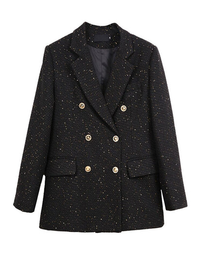Schwarzer Damenblazer mit goldenen Knöpfen, eleganter Look, festliches Design, Tweed-Stoff.