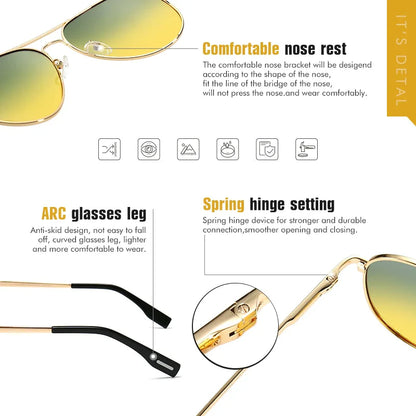 Goldene Sonnenbrille mit bequemer Nasenauflage, gebogenen Bügeln und Feder-Scharnier.